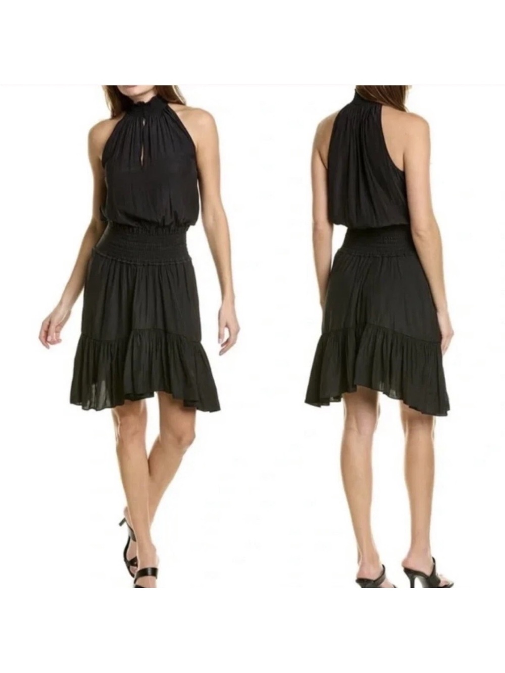 A.L.C. Black Halter Smocked Waist Tiered Mini Dress